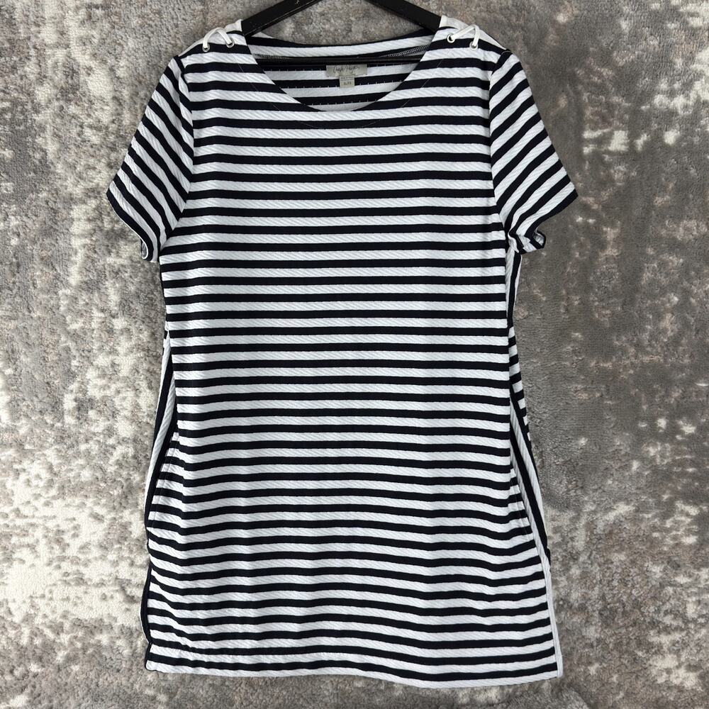 Charlie Paige Size XL Striped Mini Shirt Dress Black White Short Sleeve Pullover